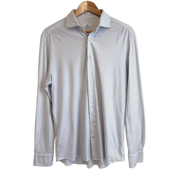 Emanuel Berg Mens Modern Fit White and Blue Jersey Fabric Button Down Shirt - Picture 1 of 9